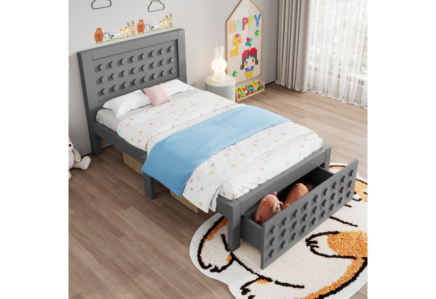 MODFU Hochbett Jugendbett mit Anti-Kollisions-Kanten (Kinderbett, Jugendbett, Einzelbett, Stauraumbett, 1-St., 90x200 cm, ohne Matratze) mit Lattenrost, mit Schubladen + Unterm Bett Stauraum von MODFU