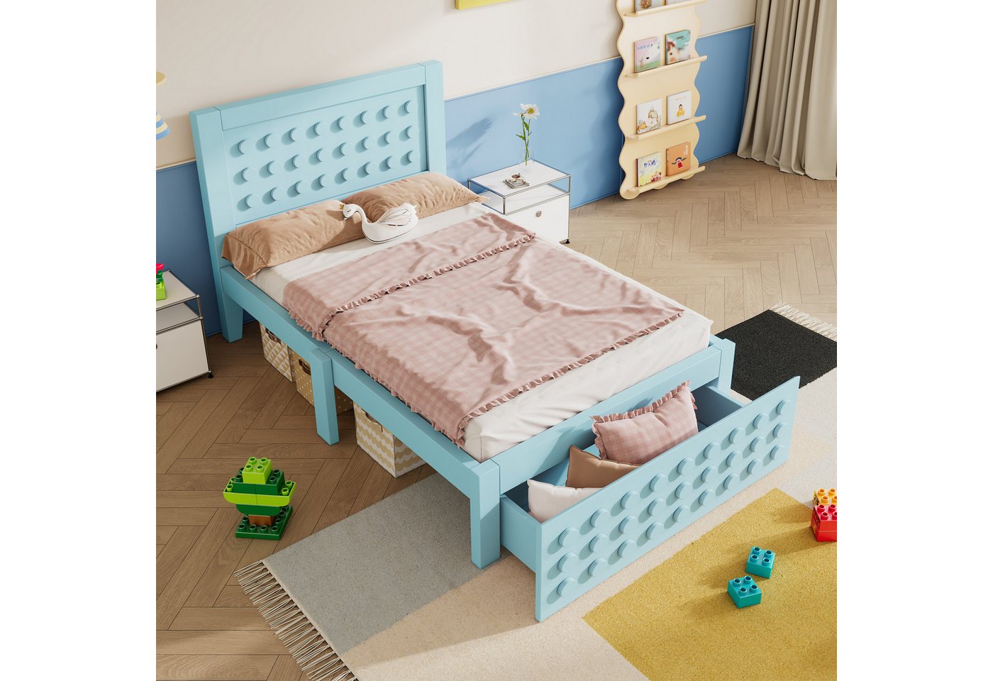 MODFU Hochbett Jugendbett mit Anti-Kollisions-Kanten (Kinderbett, Jugendbett, Einzelbett, Stauraumbett, 1-St., 90x200 cm, ohne Matratze) mit Lattenrost, mit Schubladen + Unterm Bett Stauraum von MODFU