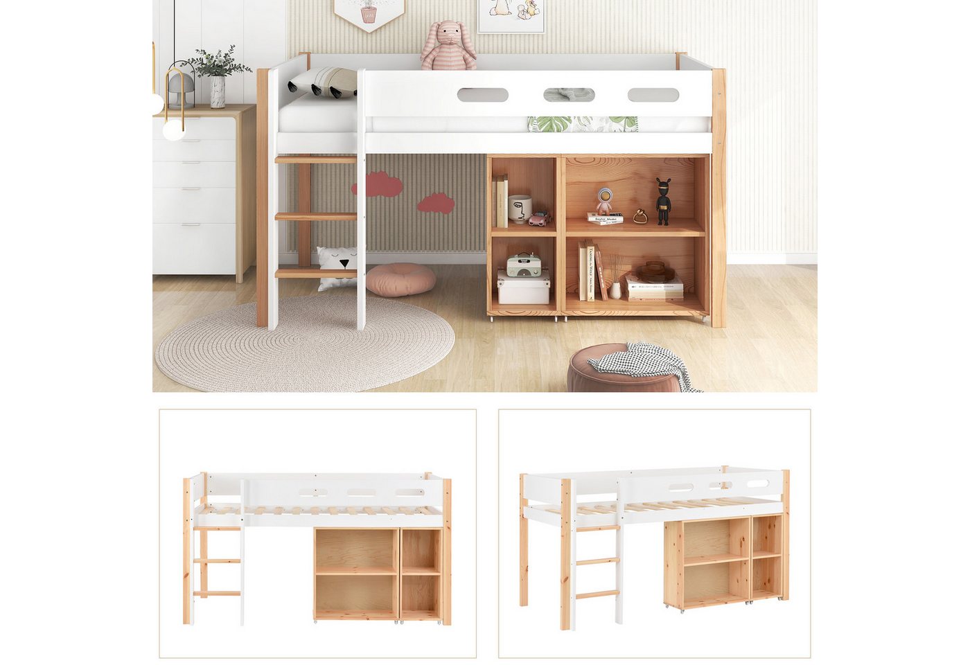 MODFU Hochbett Kinderbett, mit Kleiderschrank, Schreibtisch und Schubladen (90*200cm) ohne Matratze von MODFU