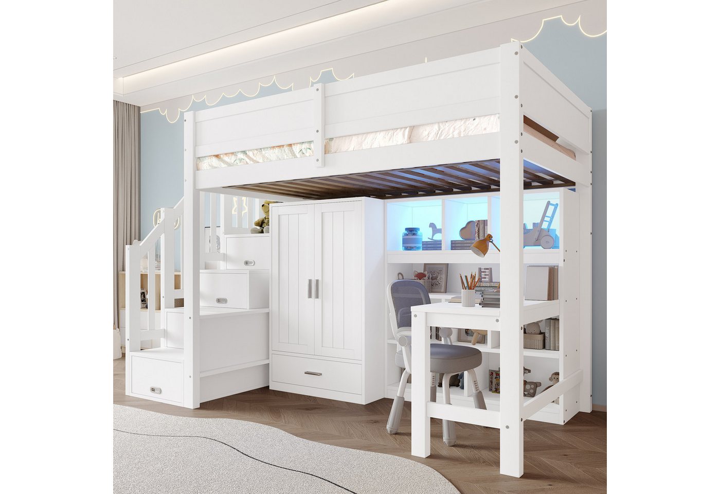 MODFU Hochbett Multifunktionales Jugendbett (mit LED-Beleuchtung, Treppe mit Stauraum & Kleiderschrank, 1-St., 90x200cm) mit integrierter Schreibtisch und Regal von MODFU