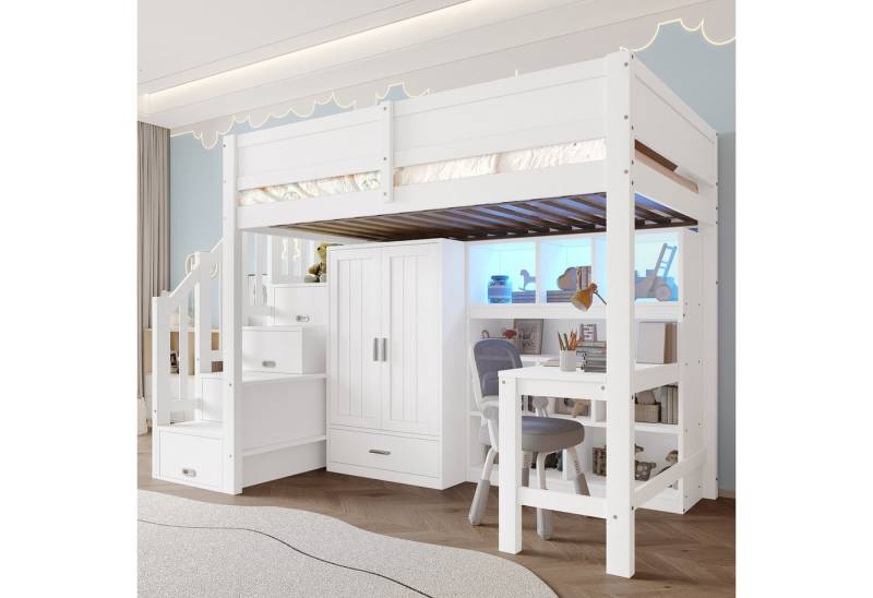 MODFU Hochbett Multifunktionales Jugendbett (mit LED-Beleuchtung, Treppe mit Stauraum & Kleiderschrank, 1-St., 90x200cm) mit integrierter Schreibtisch und Regal von MODFU