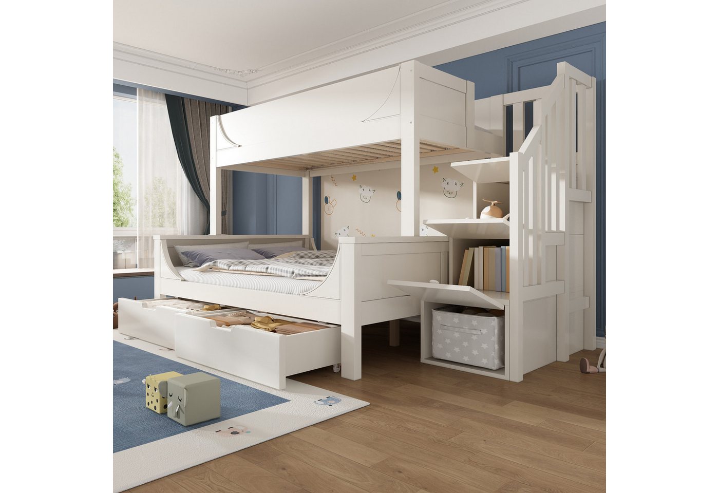 MODFU Hochbett mit Rollen-Schublade & Leiterschrank (Holzbett, Doppelbett, Kinderbett, 1-St., tagenbett Kinder 90x200 & 140x200 cm, Ohne Matratze) Hochbett Schlittenform von MODFU