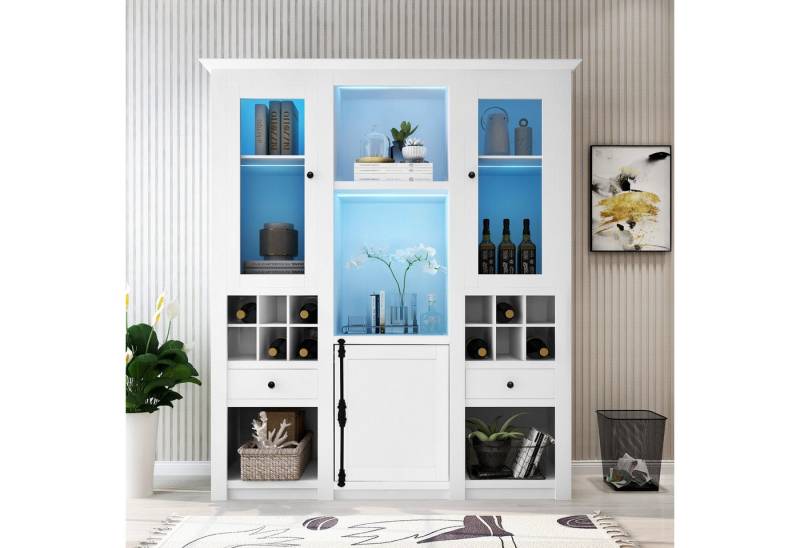 MODFU Hochschrank Hochschrank (Highboard, Standvitrine, Schrank, 1-St., 2 Schubladen, 4 offenen Fächern,5 Geschlossen Fächern, 12 Weinfächer) MDF von MODFU