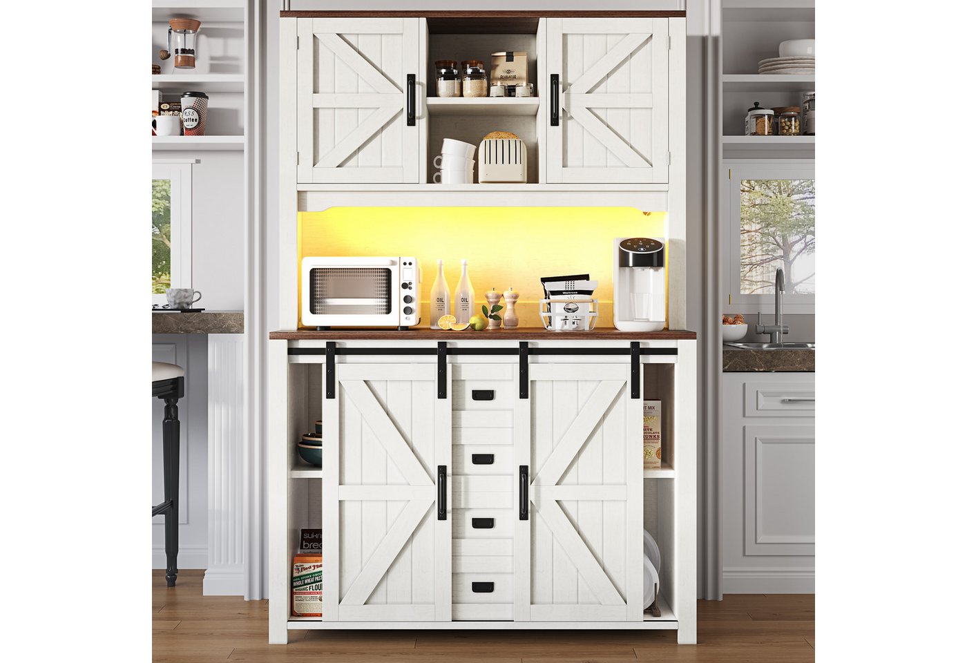 MODFU Hochschrank Küchenschränke mit LED-Beleuchtung (praktischer Stauraum mit verstellbaren Regalen, elegantes Weiß/schwarz mit X-Design, 1-St., 115 × 40 × 174,7 cm) mit Schiebetüren von MODFU