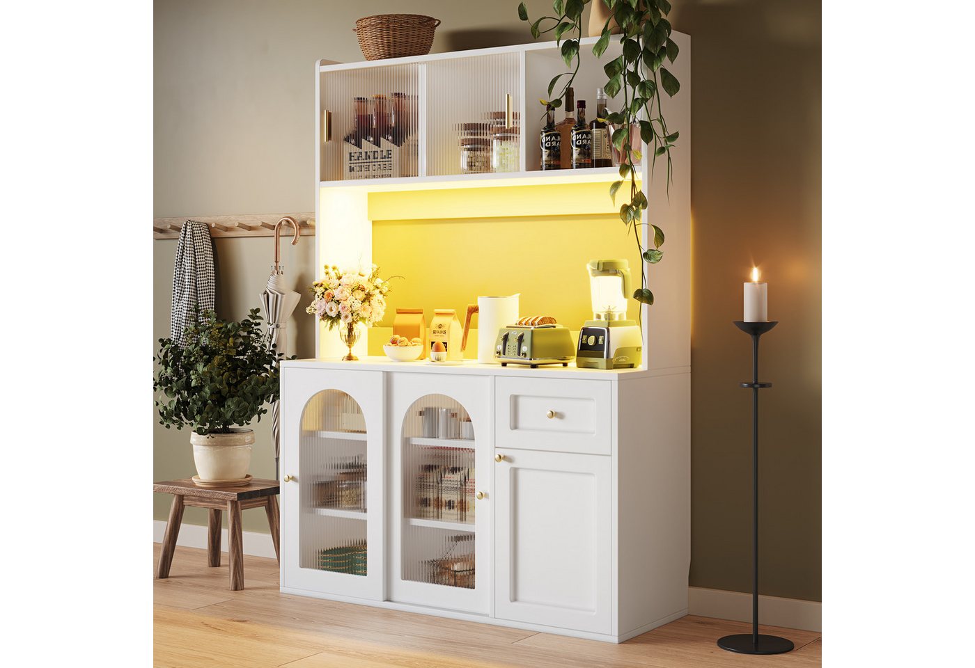 MODFU Hochschrank Küchenschrank,Vitrinenschrank,Buffetschrank (Moderne Küchenschrank mit LED-Beleuchtung, verstellbaren Ablagen und Kippschutz – Esszimmerschrank, Hochschrank, Buffetschrank für Küche, Wohnzimmer und Flur, mit Glas-Türen und Aluminiumgriffen., 1-St) MODFU Hochschrank Küchenschrank,Vitrinenschrank,Buffetschrank (Moderne Küchenschrank mit LED-Beleuchtung, verstellbaren Ablagen und Kippschutz – Esszimmerschrank, Hochschrank, Buffetschrank für Küche, Wohnzimmer und Flur, mit Glas-Türen und Aluminiumgriffen., 1-St) von MODFU