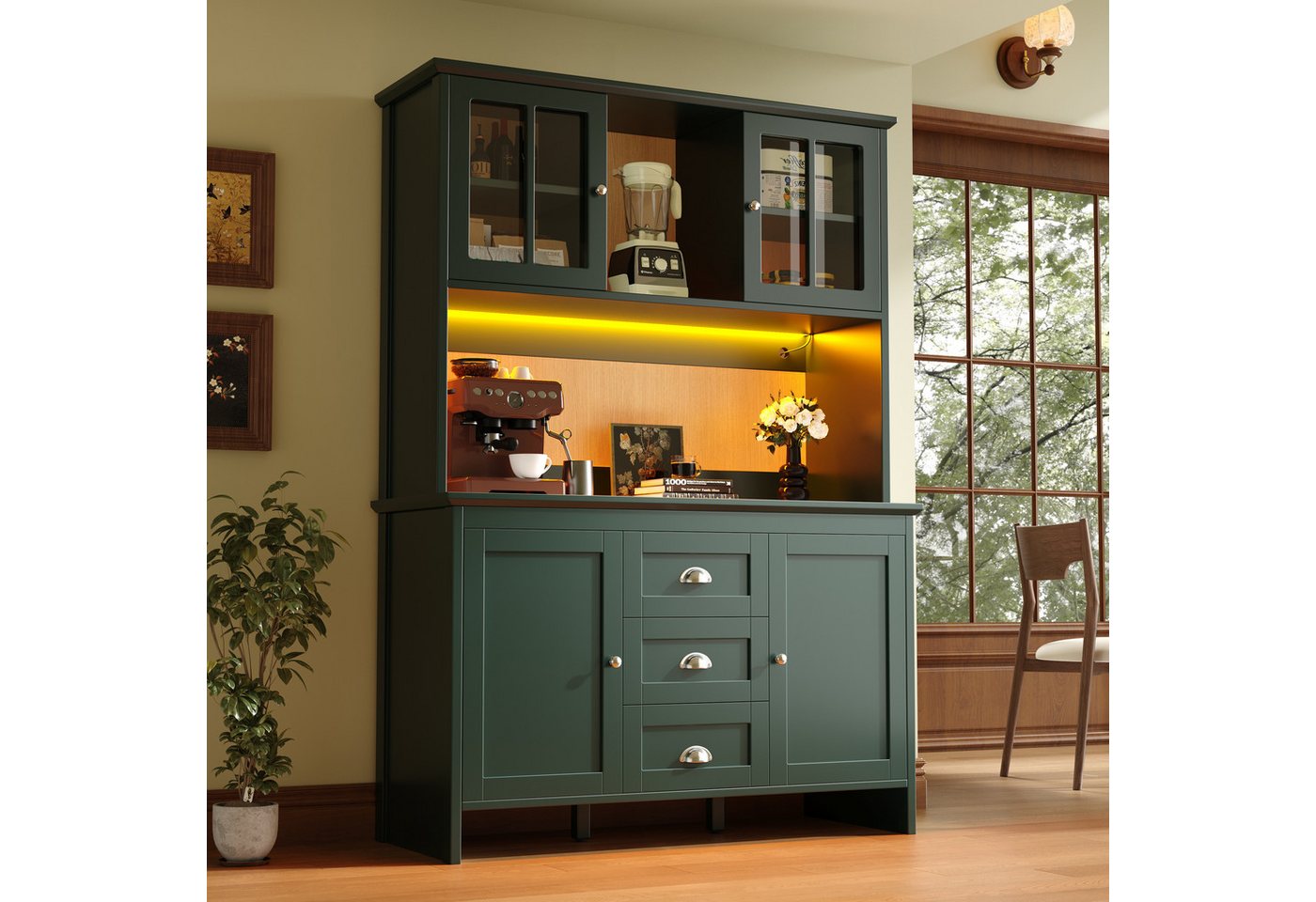 MODFU Hochschrank Küchenschrank Sideboard (mit LED-Beleuchtung, braunen Glastüren & verstellbaren Einlegeböden, 1-St., 120 x 40 x 179 cm) von MODFU