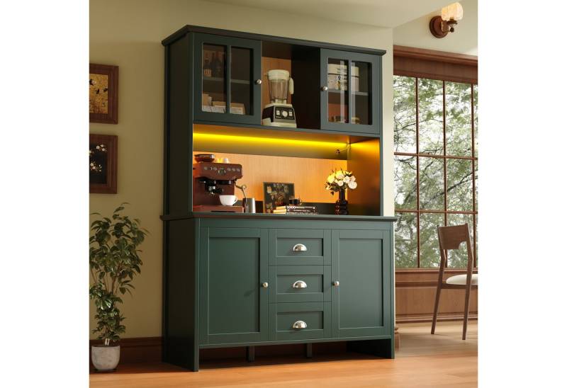 MODFU Hochschrank Küchenschrank Sideboard (mit LED-Beleuchtung, braunen Glastüren & verstellbaren Einlegeböden, 1-St., 120 x 40 x 179 cm) von MODFU