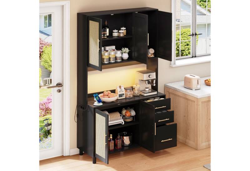 MODFU Hochschrank Multifunktionales,Sideboard (Küchenanrichte 183cm mit LED-Beleuchtung, 2 USB- und Steckdosen, 3 Schubladen, verstellbare Einlegeböden, goldene Metallgriffe, multifunktional für Küche, Esszimmer und Büro) von MODFU
