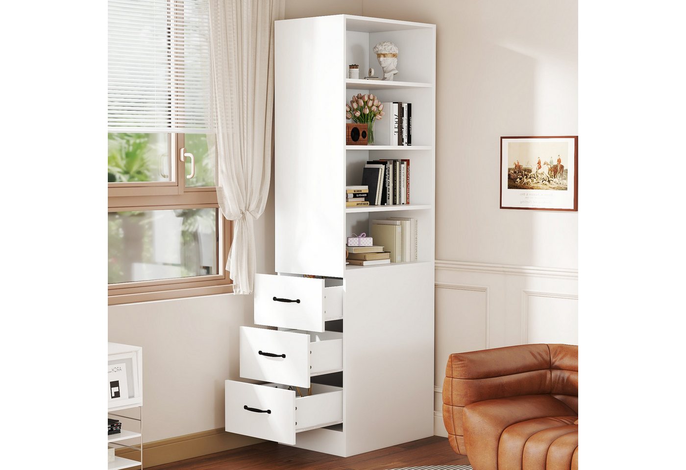 MODFU Hochschrank mit höhenverstellbaren Fächern (schmales Bücherregal, 1-St., Hochwertiges & langlebiges Design) Regal mit Seitenschubladen von MODFU