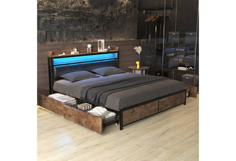 MODFU Holzbett mit Kopfteil und LED Beleuchtung, modernes Doppelbett (180cm*200cm, Ohne Matratze, Stauraum 4 Schubladen), mit Kunstleder Bezug und stabiler Konstruktion von MODFU