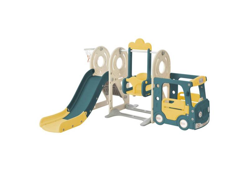 MODFU Indoor-Rutsche Kinderrutsche mit Basketballkorb und rutschfestem Leiter, (5 in 1 Kinderrutschenkombination mit Bus,Schaukel,Rutsche,Trittleiter), und passendem Basketball. Aus HDPE. von MODFU
