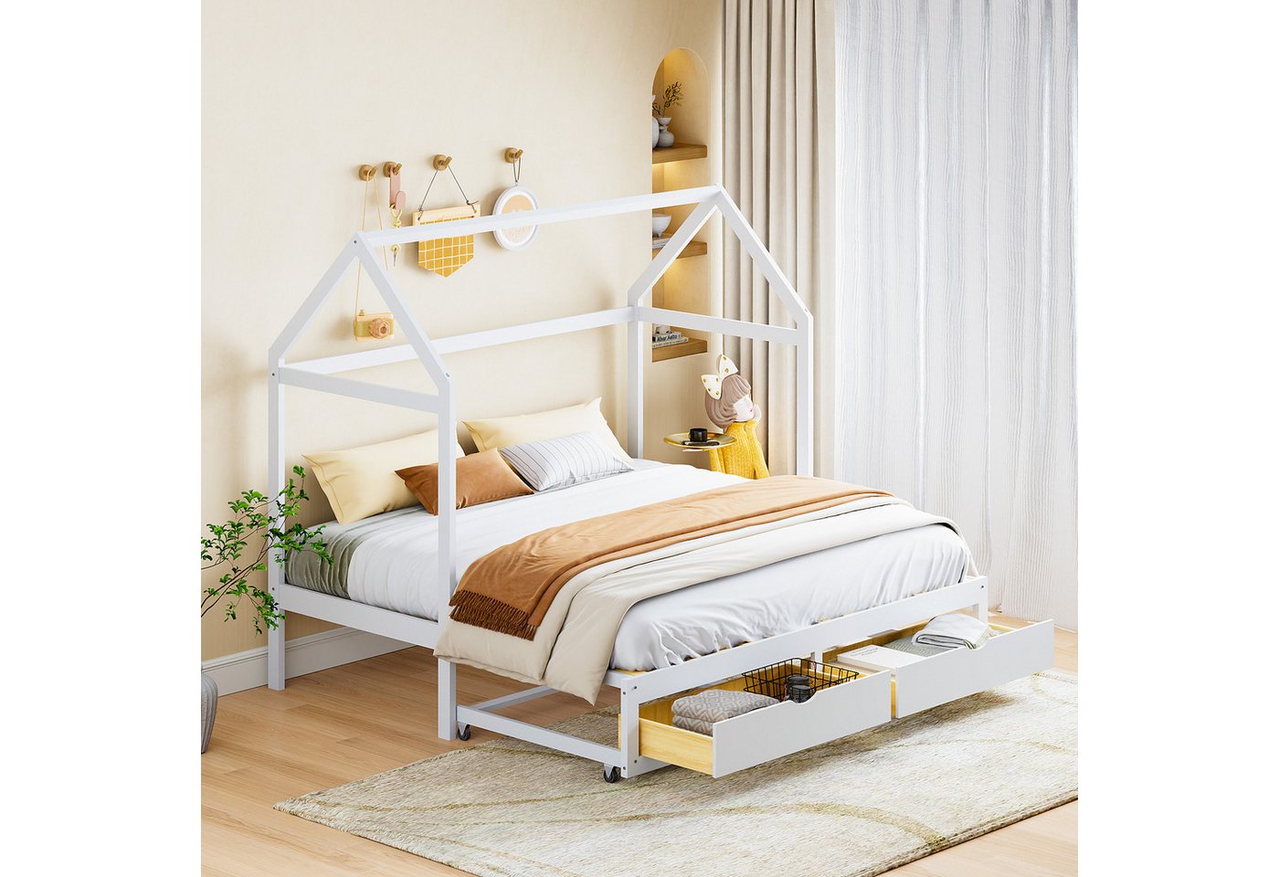 MODFU Kinderbett Ausziehbares Stauraumbett (mit Schubladen und Lattenrost, Bett aus Kiefernholz mit Stauraum), ohne Matratze von MODFU