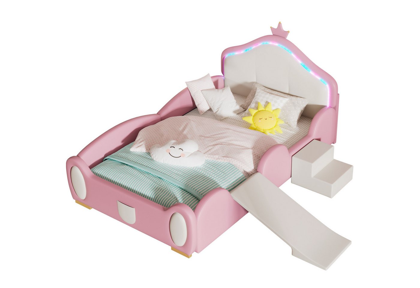 MODFU Kinderbett Bett Polsterbett Hausbett,mit kleiner Rutsche und Treppe (mit schützenden weichen Kanten, Crown Cartoon Bett mit mehrfarbigem Multi-Mode-LED-Streifen), mit kleiner Rutsche und Treppe, Ohne Matratze von MODFU