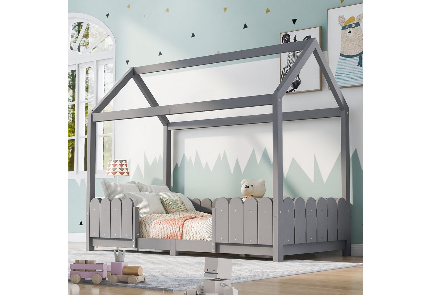 MODFU Kinderbett Bodenbett Einzelbett mit Dach und Zaun (Montessori Spielbett mit Rausfallschutz, einfache Montage pflegeleicht), 90x200 cm von MODFU