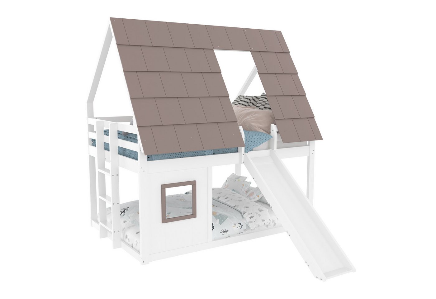 MODFU Kinderbett Funktionsbett,Hausbett (Holzhaus-Etagenbett mit Dach, Leiter & Rutsche – Stabiler Kiefernholzrahmen, sicherer Schlafbereich., 140X200), mit Dach, Leiter und Rutsche von MODFU