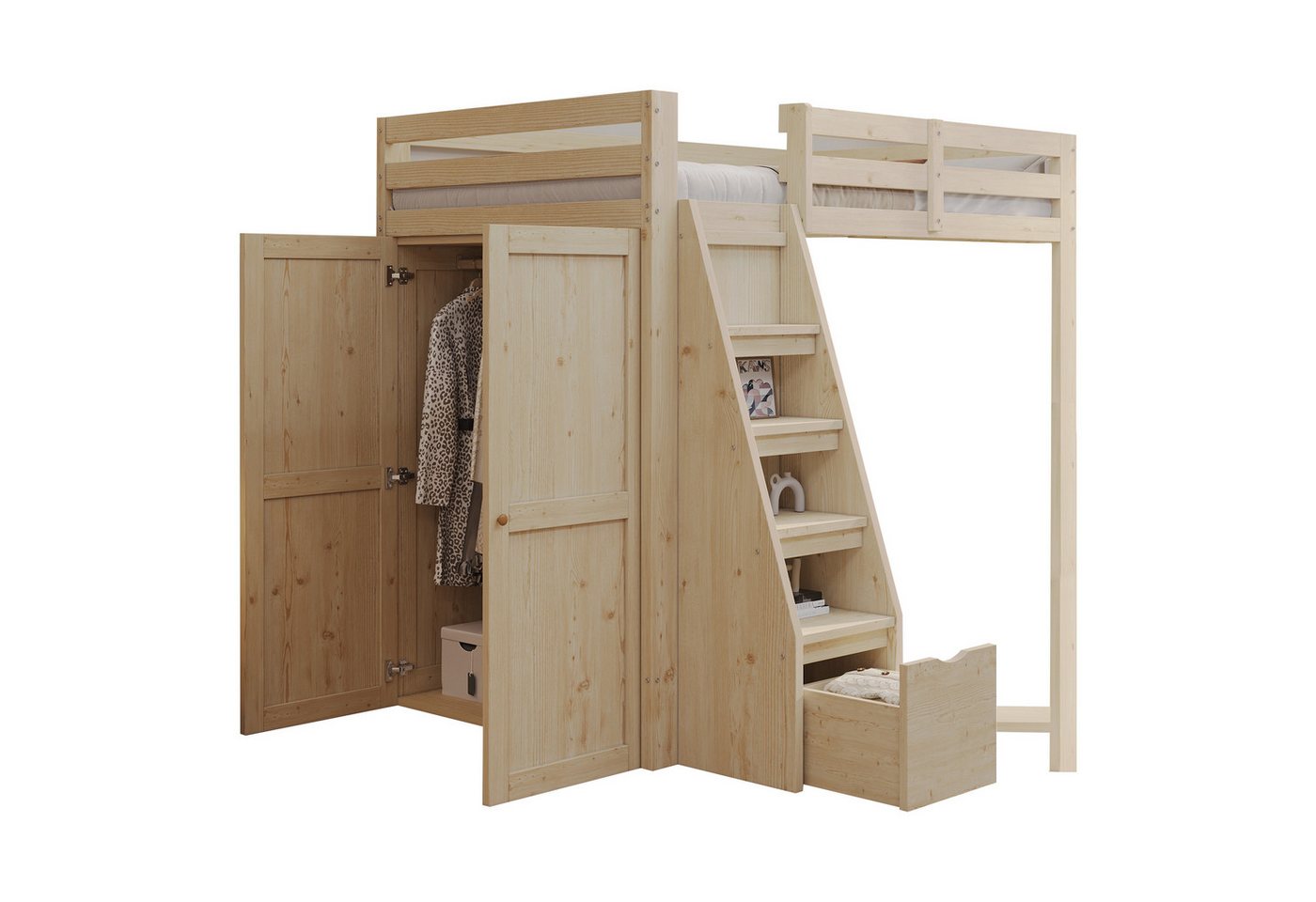 MODFU Kinderbett Hochbett,Einzelbett,Jugendbett (Hochbett,mit Kleiderschrank und Stufen-Schubladen, 90x200 cm), ohne Matratze von MODFU