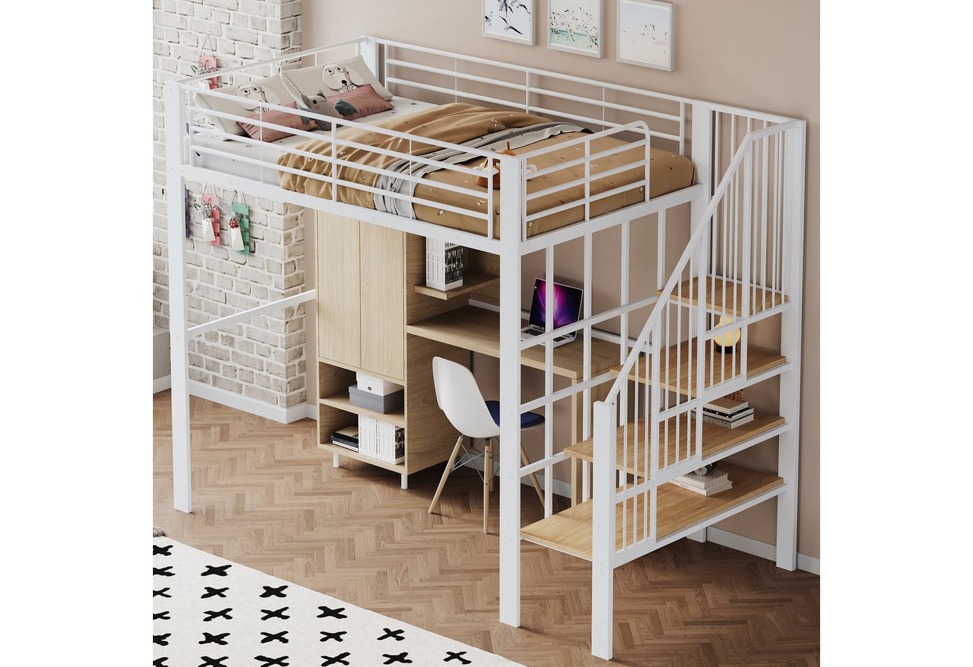 MODFU Kinderbett Hochbett aus stabilem Metall (Metallbett mit Treppe & Stauraum, Platzsparendes Stauraumbett, 140x200 cm), ohne Matratze von MODFU