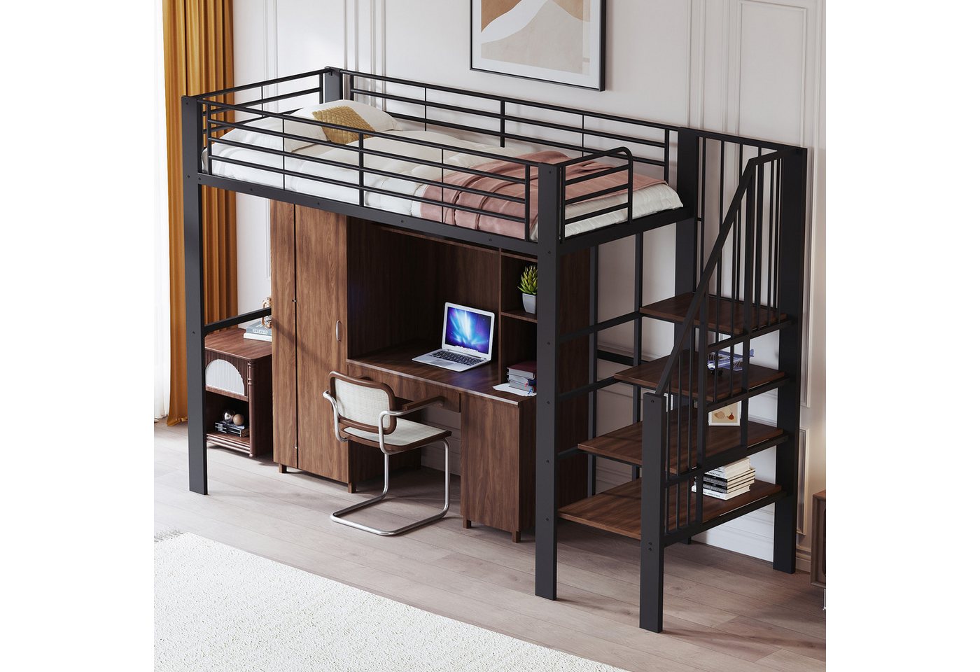 MODFU Kinderbett Hochbett aus stabilem Metall (Metallbett mit Treppe & Stauraum, Platzsparendes Stauraumbett, 90x200 cm), ohne Matratze von MODFU