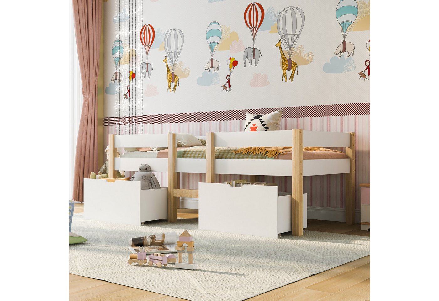 MODFU Kinderbett Hochbett halbhoch mit Rausfallschutz (Spielbett aus massivem Kiefernholz, einfache Montage), Kiefer-Vollholz-90x200 cm-Weiß & Eiche von MODFU