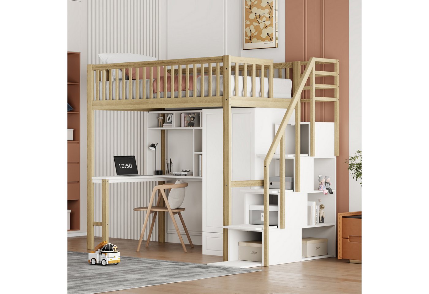 MODFU Kinderbett Hochbett mit großem Kleiderschrank Regal und Tisch (90 x 200 cm, Stauraum Treppe Mehrzweckbetteinheit Holzbettgestell), ohne Matratze von MODFU