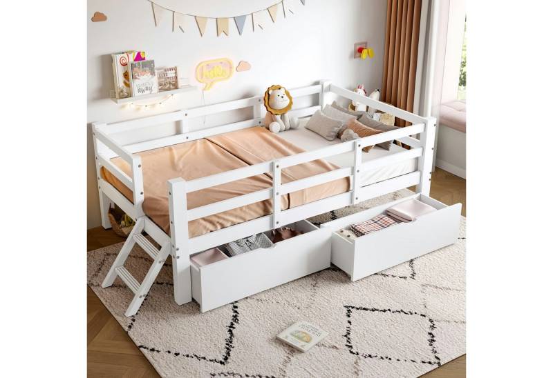 MODFU Kinderbett Holz-Plattformbett (mit halbgeschlossenem Schutzgeländer, 2 Schubladen & stabilem Kiefernholzrahmen, 1-tlg., 90x200) von MODFU