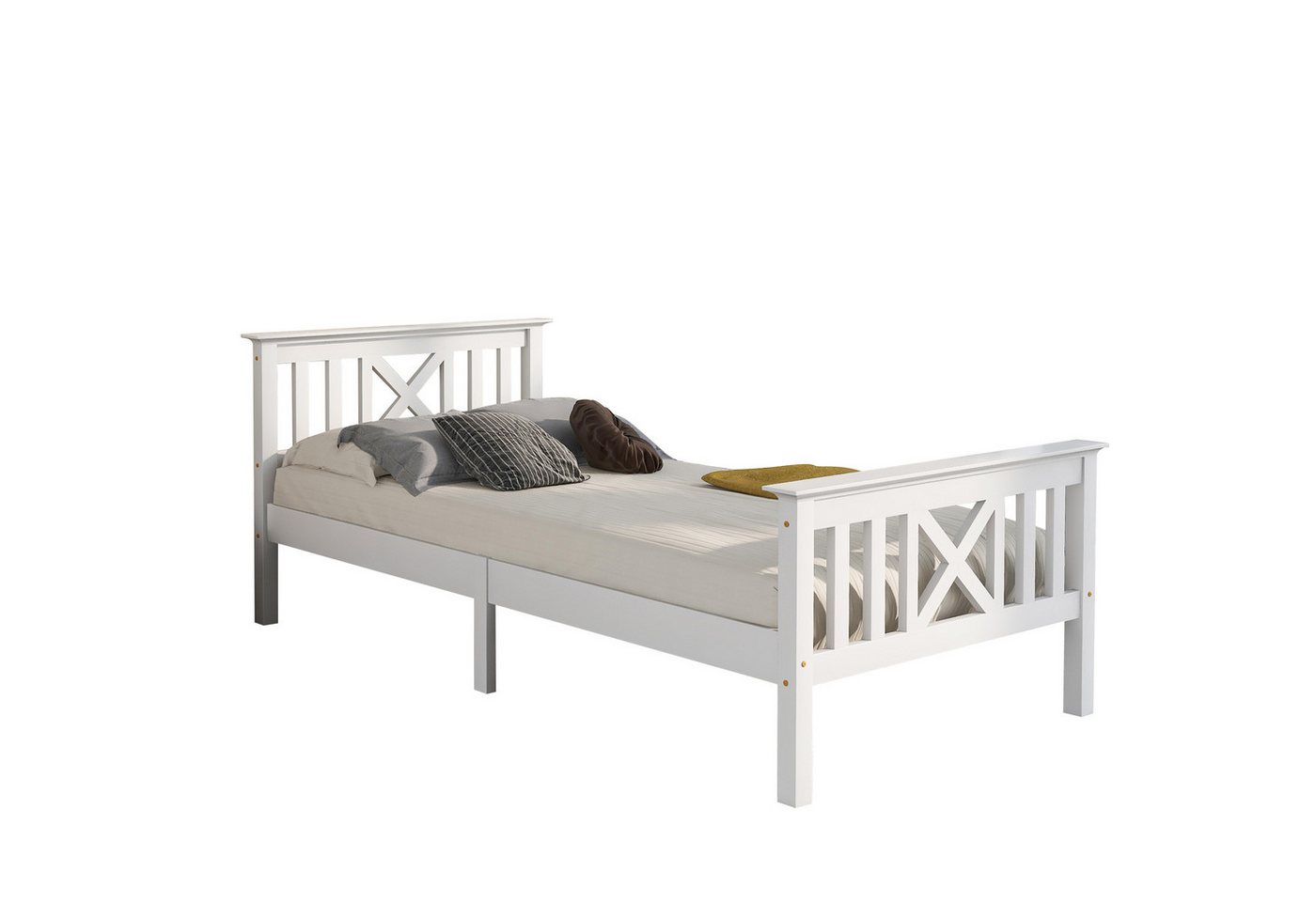 MODFU Kinderbett Massivholzbett mit X-Kopfteil (Holzbett mit Lattenrost niedriger Fußteil, 90x200 cm), Seniorenbett in Komforthöhe mit viel Stauraum von MODFU