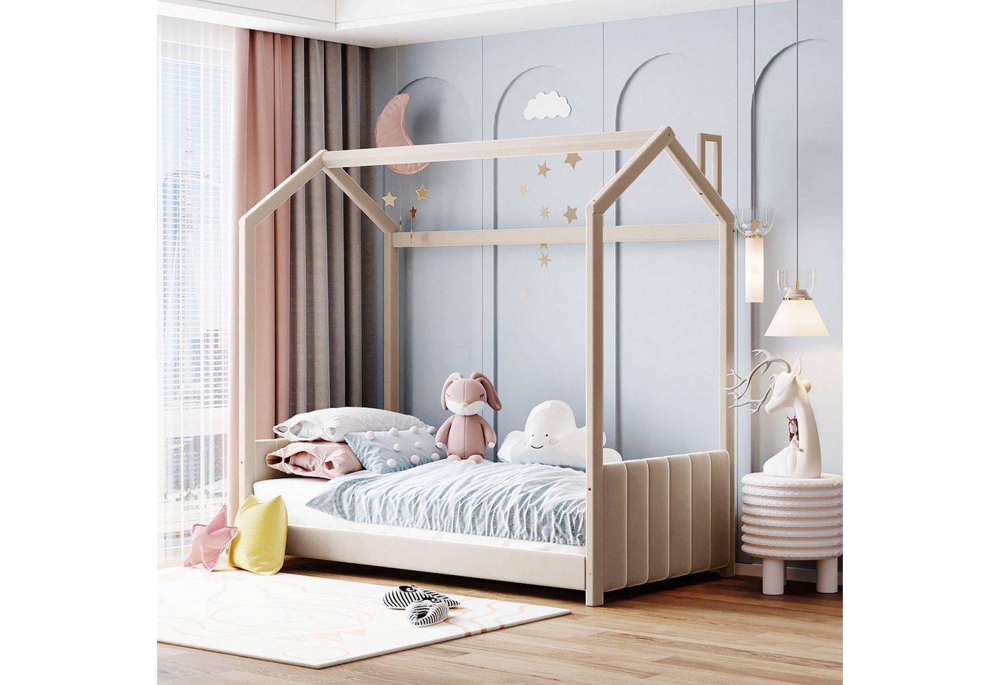 MODFU Kinderbett Polsterbett Einzelbett Bett 90*200 cm, hautfreundlicher Samtstoff (Hausbett mit Kopfteil, Fußteil, Lattenrost und Dach), ohne Matratze von MODFU
