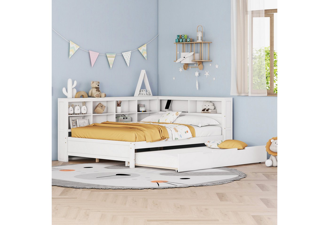 MODFU Schlafsofa Kinderbett mit USB-Steckdose und mehreren Ablagefächern, Mit Räummaschine, ohne Matratze von MODFU