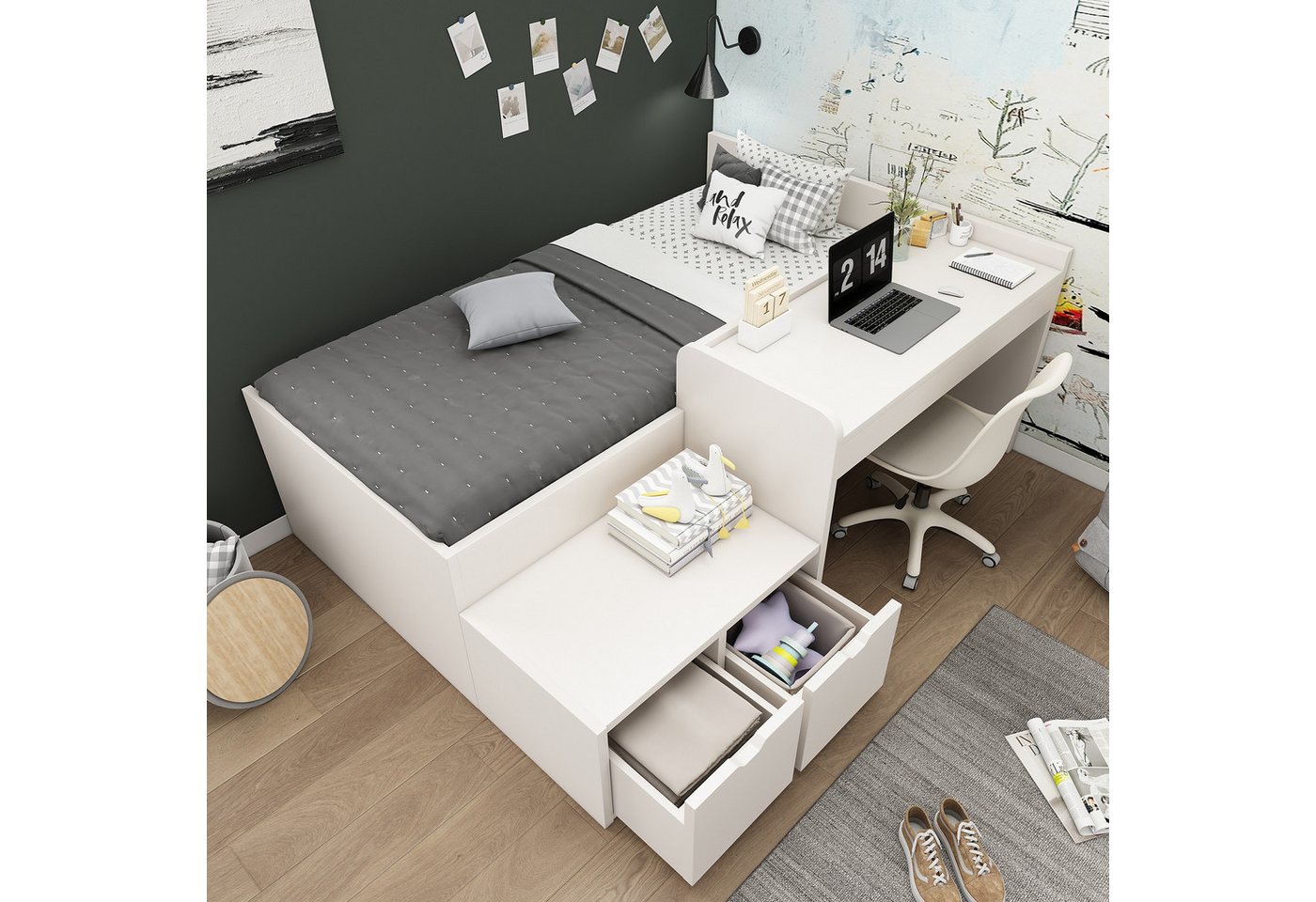 MODFU Kinderbett Schreibtischbett Funktionsbett für Kinderzimmer (Massiveholz Einzelbett, Jugendbett, 1-tlg., 90 x 200 cm, Ohne Matratze), mit Schreibtisch und Schubladen von MODFU