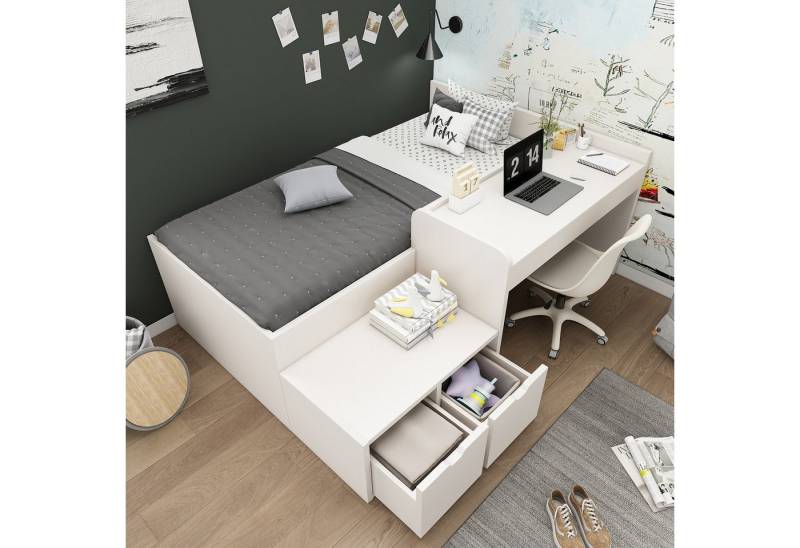 MODFU Kinderbett Schreibtischbett Funktionsbett für Kinderzimmer (Massiveholz Einzelbett, Jugendbett, 1-tlg., 90 x 200 cm, Ohne Matratze), mit Schreibtisch und Schubladen von MODFU