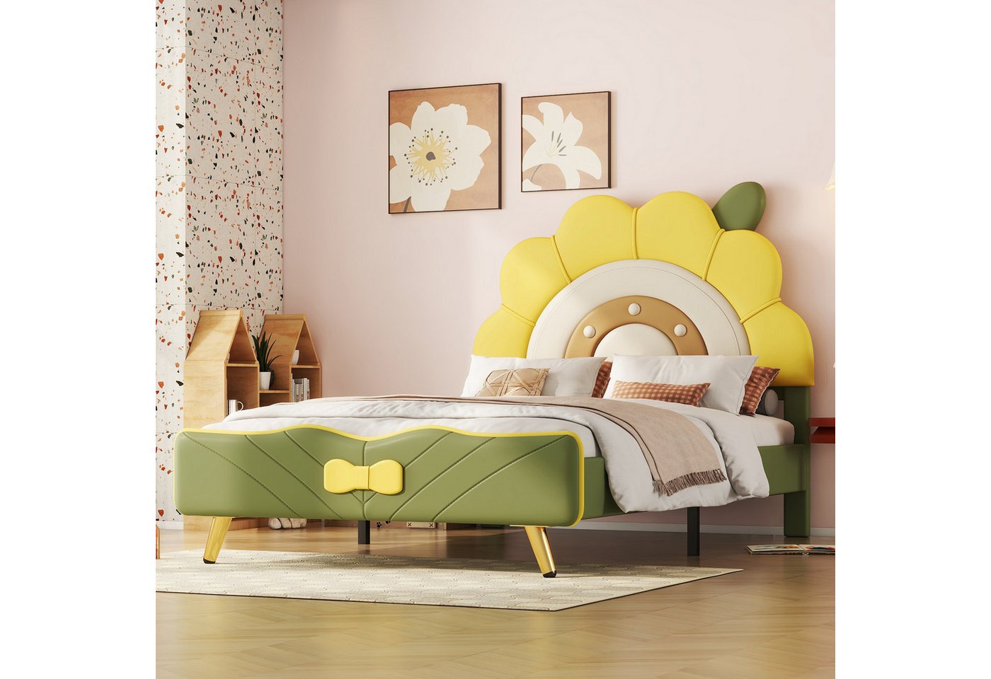 MODFU Kinderbett Sonnenblumenform, Schleifenverzierung am Ende des Bettes (90*200cm), ohne Matratze von MODFU