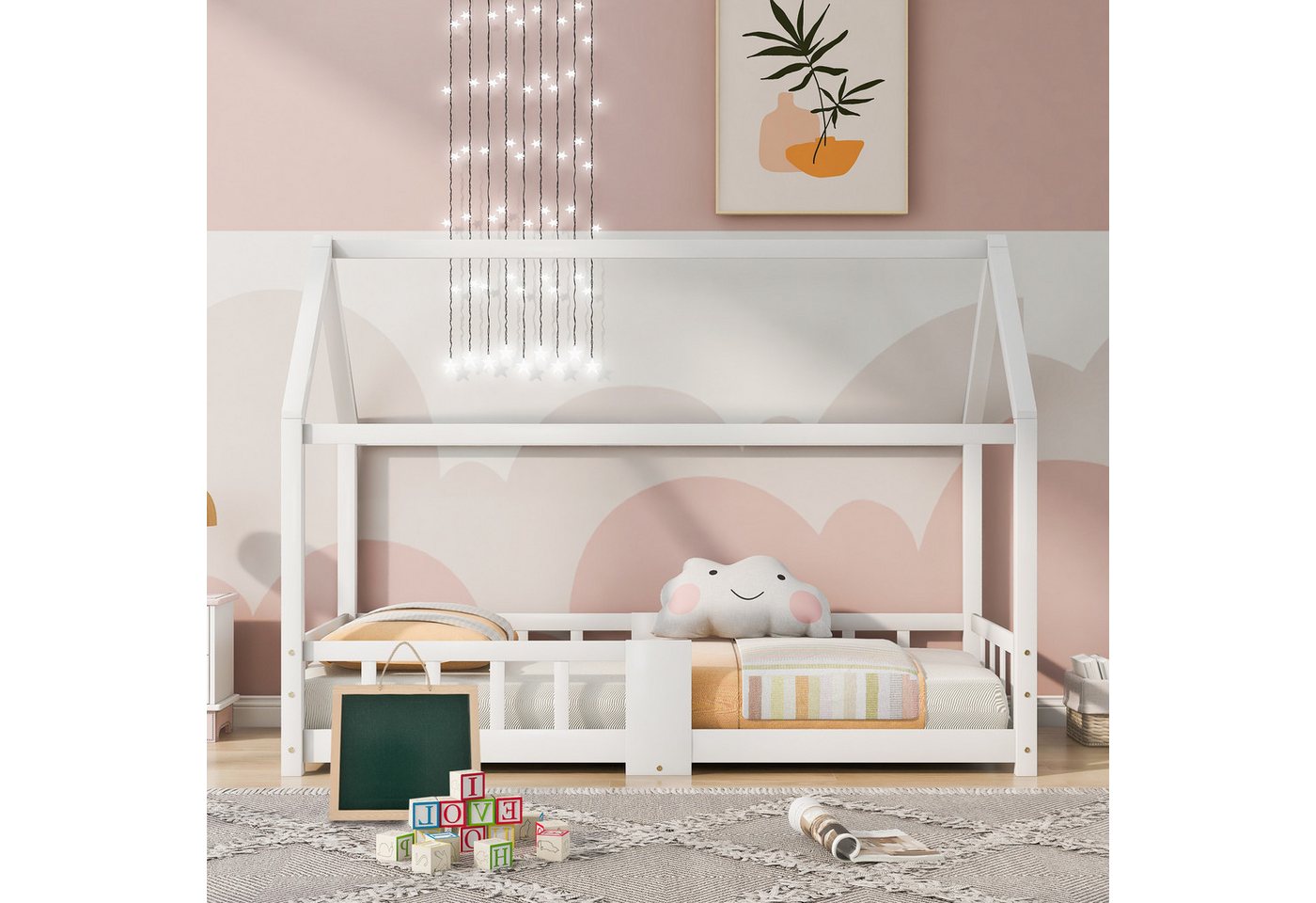 MODFU Kinderbett Spielbett mit Tafel und Rausfallschutz (Hausbett Kinderzimmer Holzbett, 90×200 cm, höhenverstellbares Kopfteil), ohne Matratze von MODFU