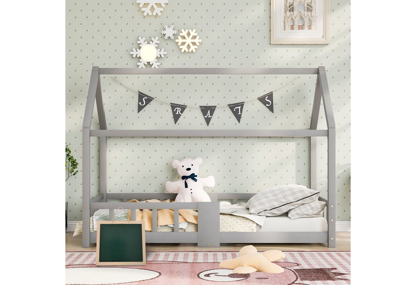 MODFU Kinderbett Spielbett mit Tafel und Rausfallschutz (Hausbett Kinderzimmer Holzbett, 90×200 cm, höhenverstellbares Kopfteil), ohne Matratze von MODFU