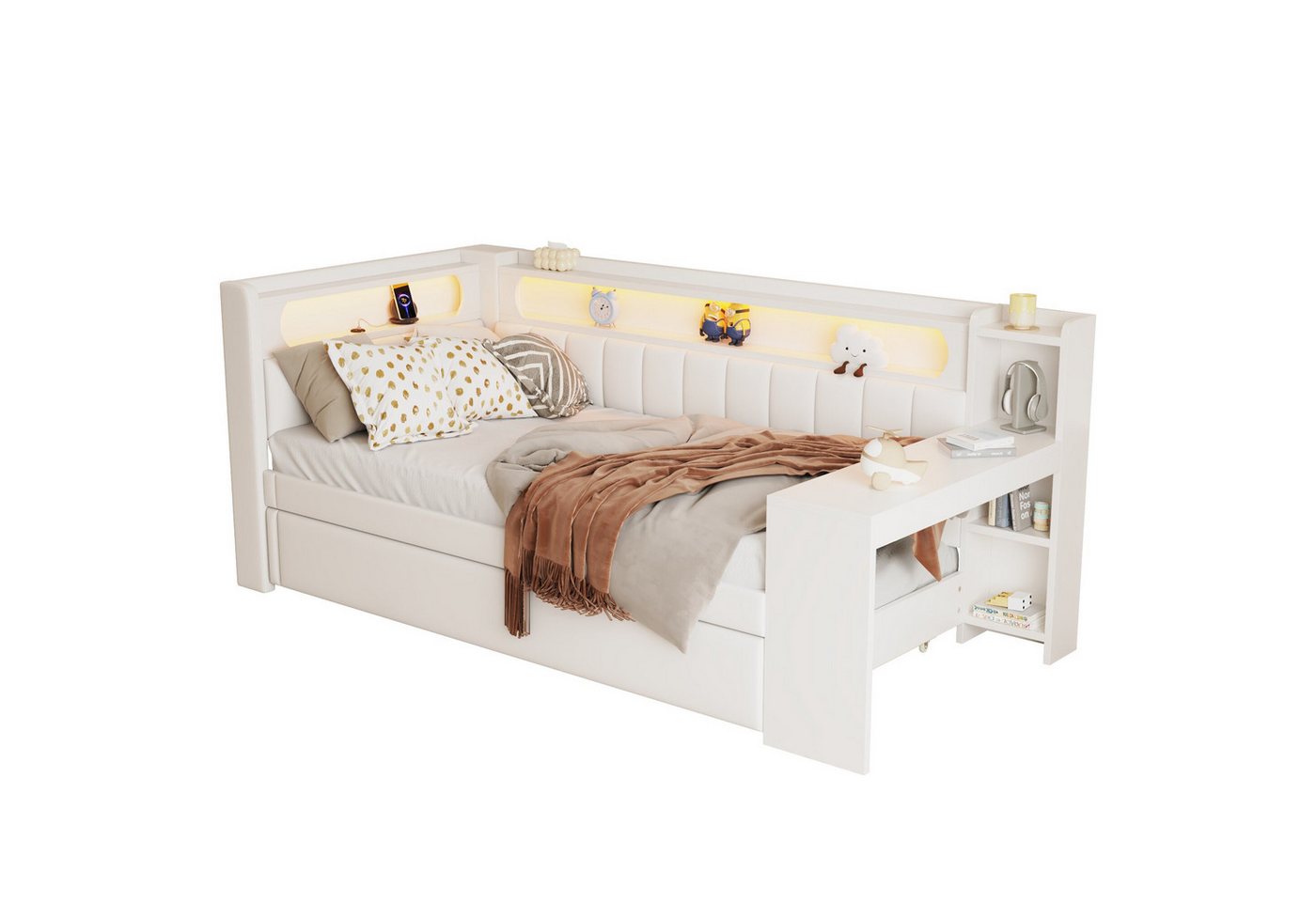 MODFU Kinderbett Tagesbett,Funktionsbett (Gepolstertes Tagesbett mit LED-Beleuchtung, USB-Anschlüssen & Ausziehbett., 90x200), mit Ausziehbett von MODFU