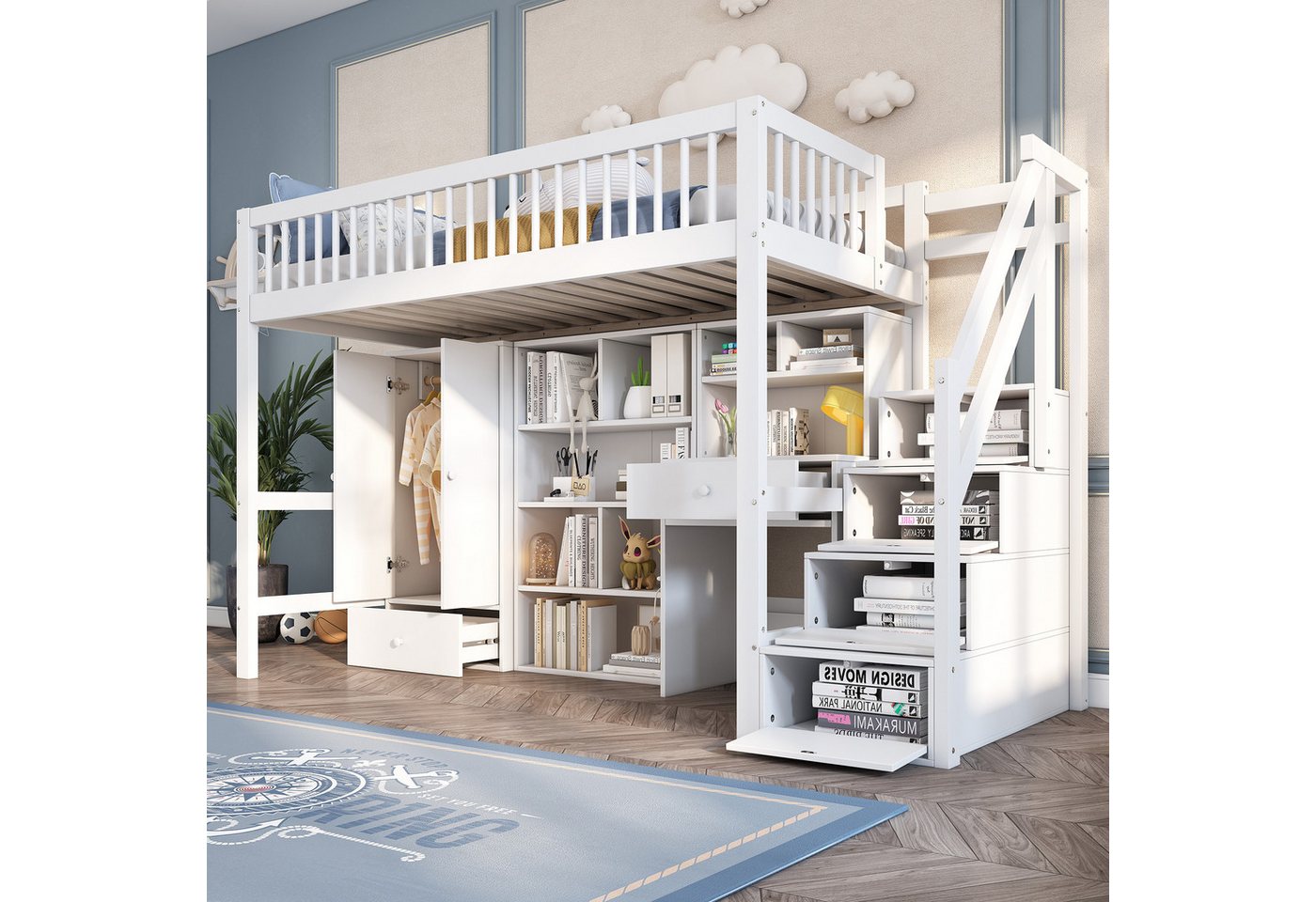 MODFU Kinderbett aus Massivholz (mit Matratze, 90*200), Mit Schreibtisch, Treppe, Schließfächern, Kleiderschrank, massivholz von MODFU