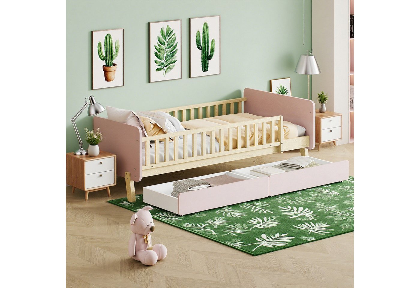 MODFU Kinderbett aus Massivholz mit 2 Schubladen (Einzelbett, stabile Lattenrostkonstruktion und komfortable Matratzenunterstützung, 90x190 cm), ohne Matratze von MODFU