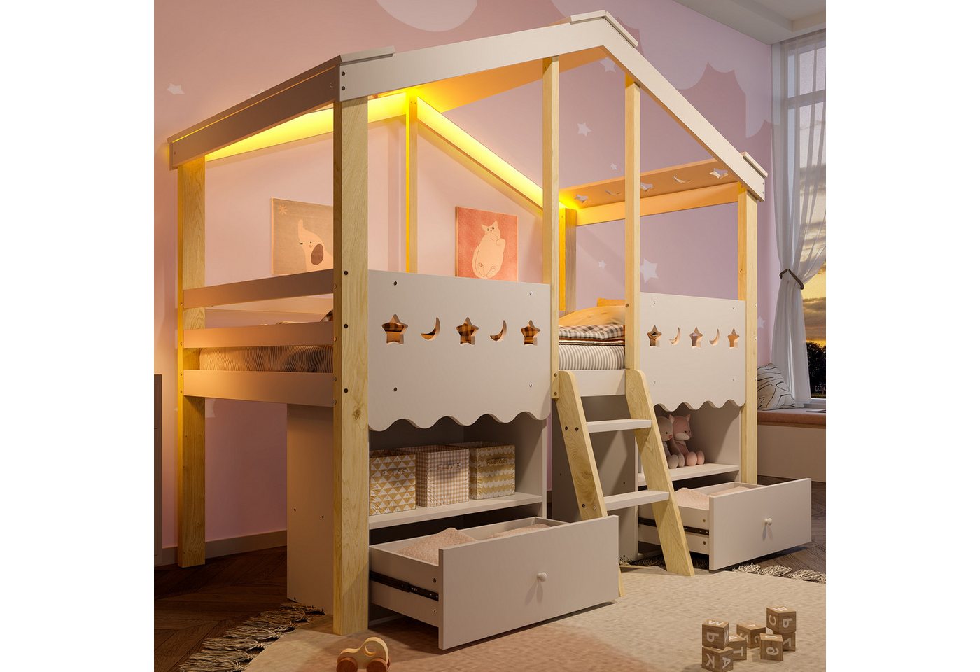 MODFU Kinderbett mit 2 Schubladen (Hausform Holzbett mit LED-Lichtleiste, Einzelbett 90×200 cm), ohne Matratze von MODFU