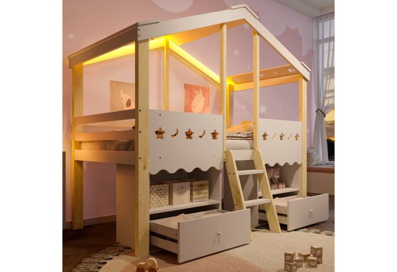 MODFU Kinderbett mit 2 Schubladen (Hausform Holzbett mit LED-Lichtleiste, Einzelbett 90×200 cm), ohne Matratze von MODFU