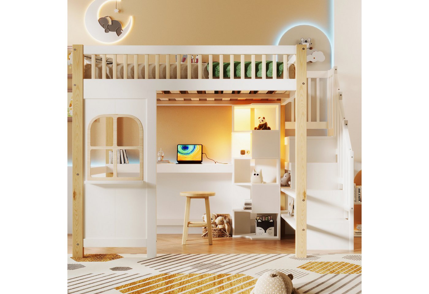 MODFU Kinderbett mit Ablageleiter & Schreibtisch, mit Stauraum (Holzbett mit LED-Beleuchtung, Fensterform, Hochbett 140x200 cm), ohne Matratze von MODFU