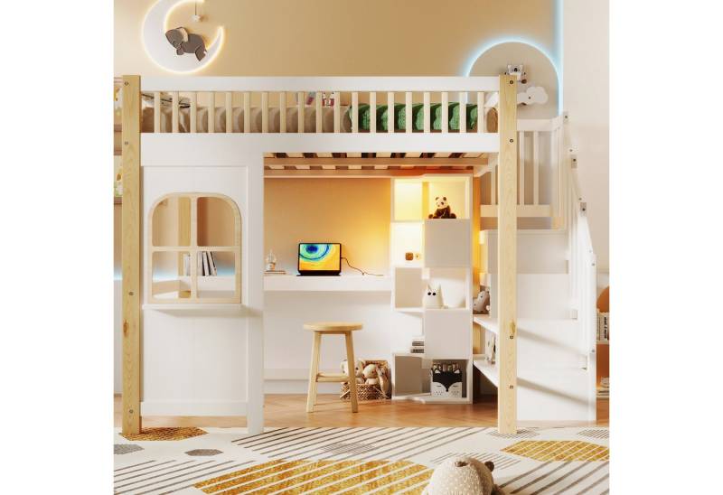 MODFU Kinderbett mit Ablageleiter & Schreibtisch, mit Stauraum (Holzbett mit LED-Beleuchtung, Fensterform, Hochbett 140x200 cm), ohne Matratze von MODFU