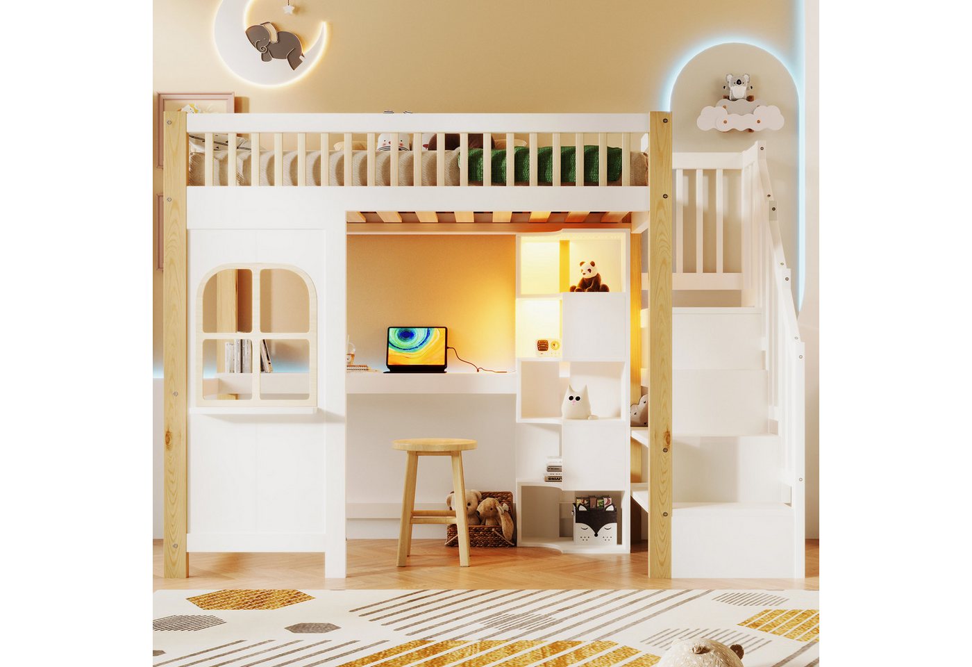 MODFU Kinderbett mit Ablageleiter & Schreibtisch, mit Stauraum (Holzbett mit LED-Beleuchtung, Fensterform, Hochbett 90x200 cm), ohne Matratze von MODFU