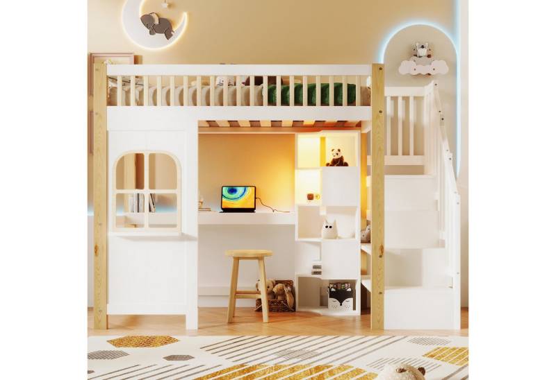 MODFU Kinderbett mit Ablageleiter & Schreibtisch, mit Stauraum (Holzbett mit LED-Beleuchtung, Fensterform, Hochbett 90x200 cm), ohne Matratze von MODFU