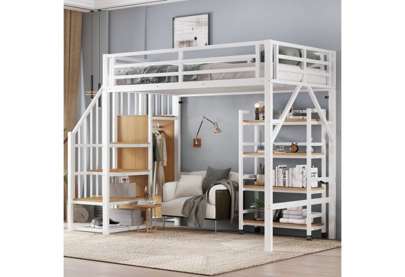 MODFU Kinderbett mit Eckleiterschrank (Hochbett mit vierstöckigem Regal auf Rollen und Schutzgeländer, Eisenbett 90x200 cm), ohne Matratze von MODFU