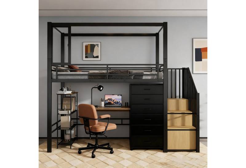 MODFU Kinderbett mit Garderobe & Ablagefächern (Metallbett Hochbett, 90x200cm), ohne Matratze von MODFU