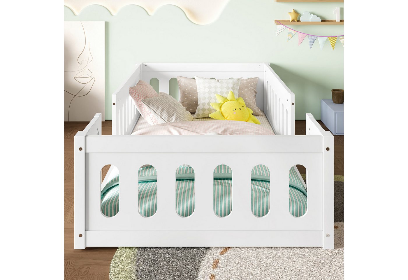 MODFU Kinderbett mit Geländer (Holz-Plattformbett, Weiß – Robuste Massivholzkonstruktion, Halbgeschlossener Zaun für mehr Sicherheit., 1-tlg., 90/140x200) von MODFU
