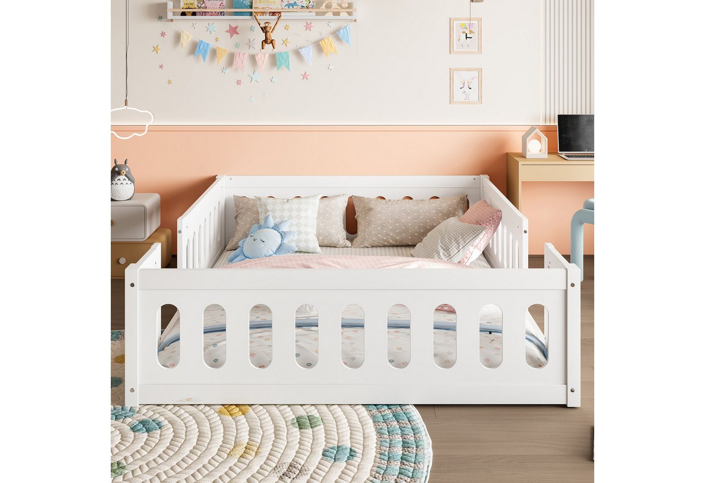 MODFU Kinderbett mit Geländer (Holz-Plattformbett, Weiß – Robuste Massivholzkonstruktion, Halbgeschlossener Zaun für mehr Sicherheit., 1-tlg., 90/140x200) von MODFU