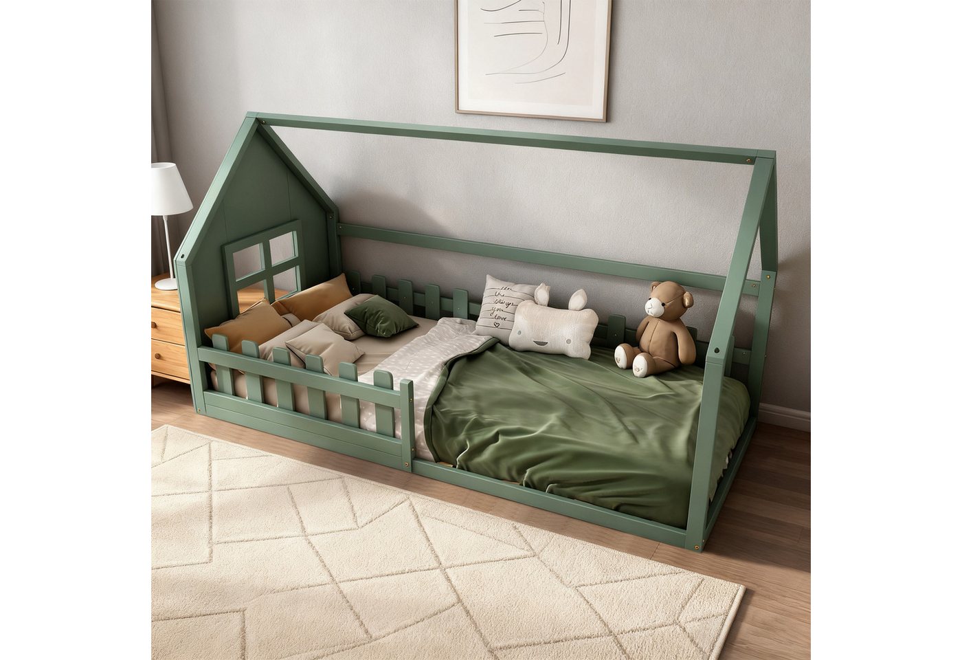 MODFU Kinderbett mit Hausleisten-Design (Holzbett, 90*200cm), Inklusive Matratze von MODFU