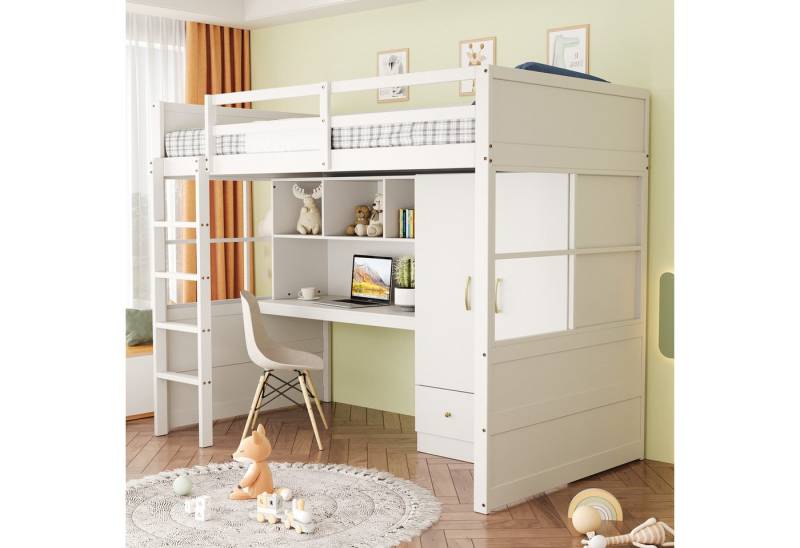 MODFU Kinderbett mit Kleiderschrank und Schubladen (Holzbett mit Leiter, Schreibtisch & Stauraum, Hochbett 90x200 cm), ohne Matratze von MODFU