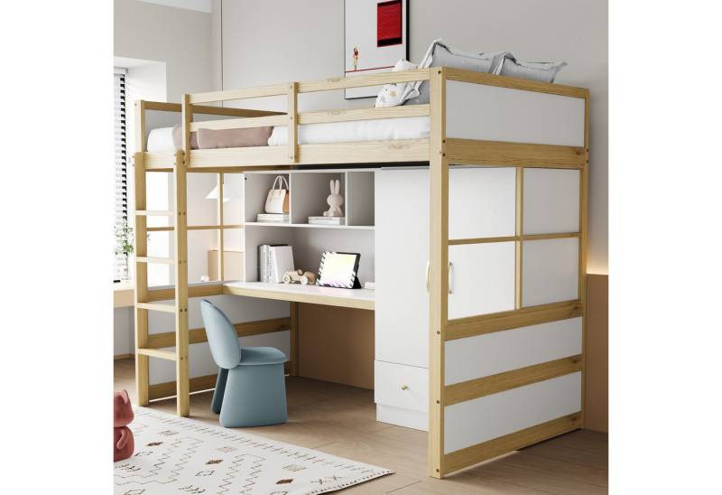 MODFU Kinderbett mit Kleiderschrank und Schubladen (Holzbett mit Leiter, Schreibtisch & Stauraum, Hochbett 90x200 cm), ohne Matratze von MODFU