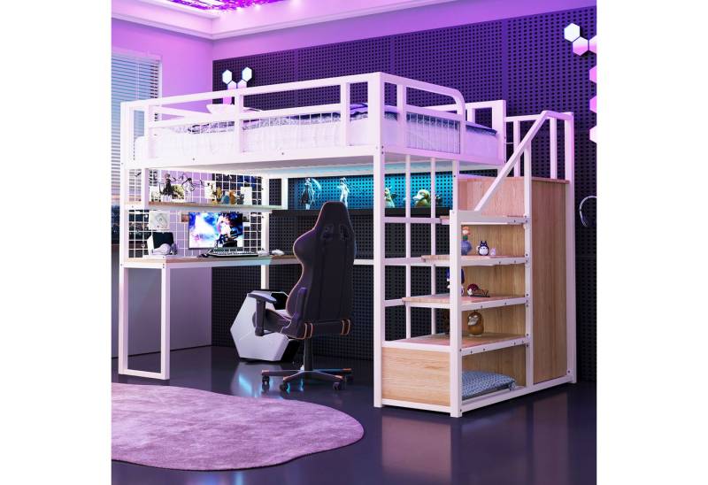 MODFU Kinderbett mit Kleiderschrank & Tisch (Metallbett mit Stauraumleiter, Hochbett 140x200 cm), Inklusive Matratze von MODFU